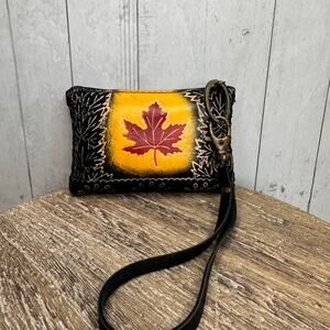 Genuine Leather Maple Leaf Wristlet Wallet Leather Hand Painted Coin Purse NEW